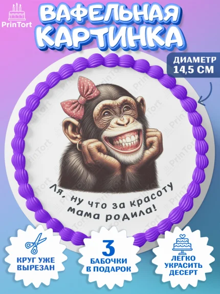 Вафельный круг 14.5см, Прикольные животные, обезьяна, животные, звери, забавные животные, Девушка, арт. PT618453