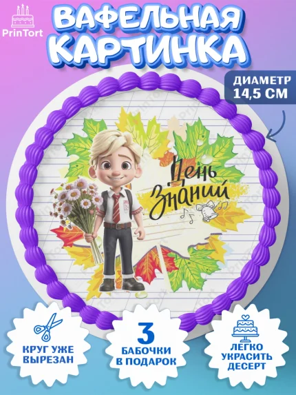 Вафельный круг 14.5см, 1 сентября, Мальчик, школьник, ученик, учебник, школа, день знаний, осень, арт. PT618613