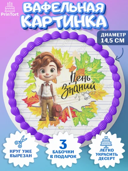 Вафельный круг 14.5см, 1 сентября, Мальчик, школьник, ученик, учебник, школа, день знаний, осень, арт. PT618616