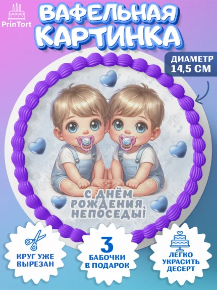 Вафельный круг 14.5см, Близнецы, мальчики, двойня, малыши, Девочка, День рождения, арт. PT618710