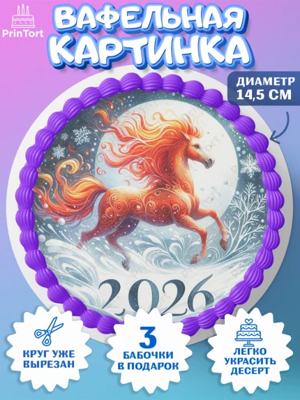 Вафельный круг 14.5см, Год лошади 2026, Новый год, 2026, лошадь, лошадка, Ёлка, дед Мороз, арт. PT621317