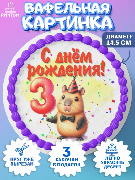 Вафельный круг 14.5см, День рождения, Капибара, праздник, Девочка, 3 года, арт. PT621390