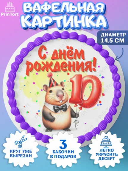 Вафельный круг 14.5см, День рождения, Капибара, праздник, Девочка, 10 лет, арт. PT621397