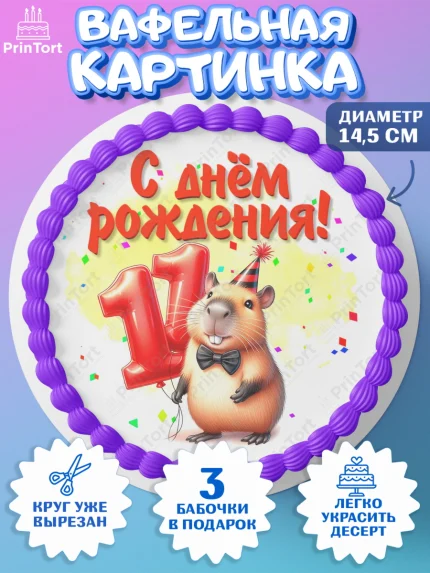 Вафельный круг 14.5см, День рождения, Капибара, праздник, Девочка, 11 лет, арт. PT621398