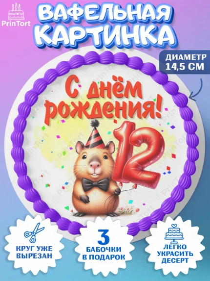 Вафельный круг 14.5см, День рождения, Капибара, праздник, Девочка, 12 лет, арт. PT621399