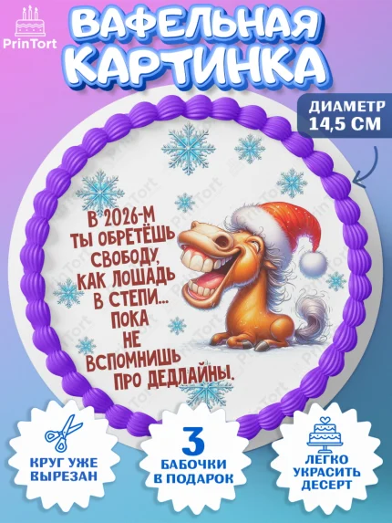 Вафельный круг 14.5см, Новый год, 2026, лошадь, лошадка, Ёлка, год лошади, новогодние игрушки, звери, арт. PT621935
