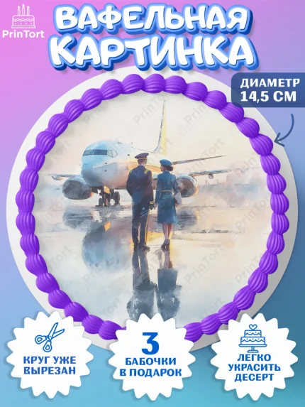 Вафельный круг 14.5см, Авиация, пилот, стюардесса, самолет, путешествие, автопилот, билет, паспорт, арт. PT622553