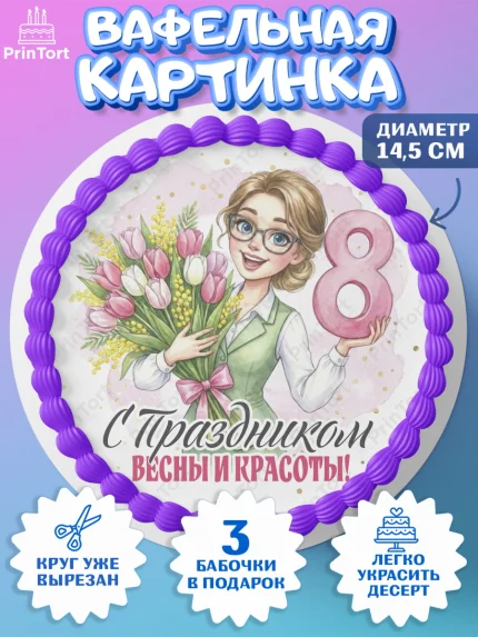 Вафельный круг 14.5см, 8 марта, женский день, международный женский день, цветы, духи, День 8 марта, арт. PT622885