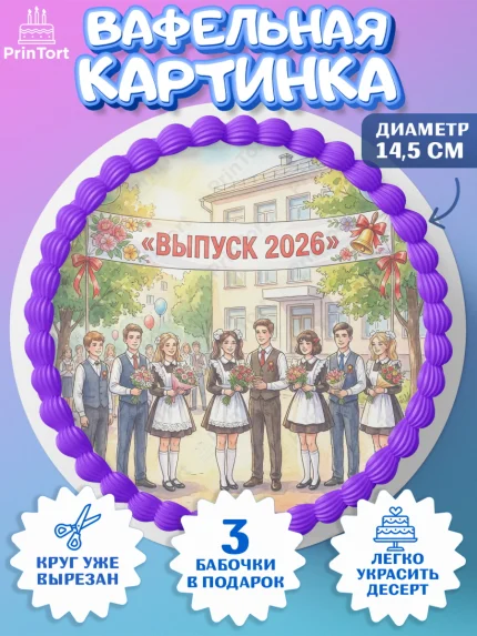 Вафельный круг 14.5см, Последний звонок 2026, Поздравления с последним звонком 2026, Школа, арт. PT622980
