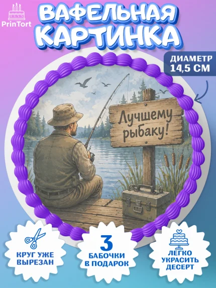 Вафельный круг 14.5см, Рыбаку, Лучшему рыбаку. Рыба, удочка, сети, лодка, Мужчина, арт. PT623588
