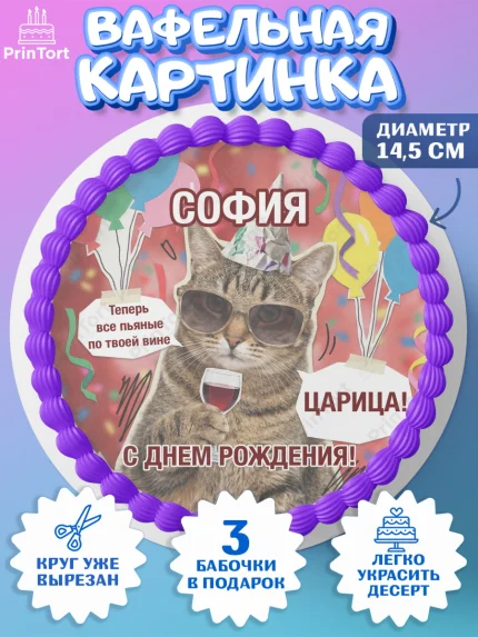 Вафельный круг 14.5см, с днем рождения, Поздравление С Днём Рождения именное, мемное, Девушка, София, арт. PT626485