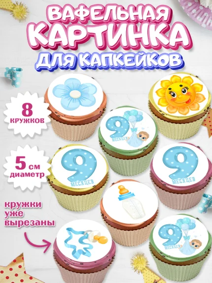 Вафельная картинка для капкейков, Мальчику 9 месяцев, Мальчик, 9 месяцев, День рождения, арт. PT808132_1