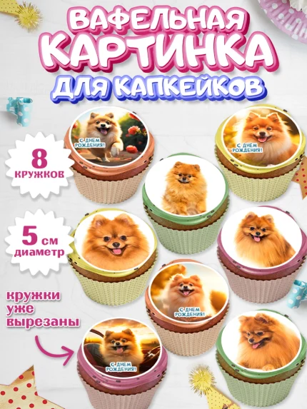 Вафельная картинка для капкейков, Шпиц, Девочка, День рождения, арт. PT813553_1