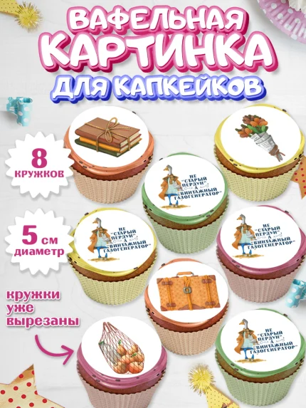 Вафельная картинка для капкейков, Не старый пердун, гусь, чемодан, Мальчик, День рождения, арт. PT816321_1