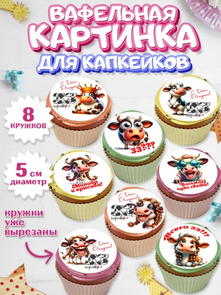 Вафельная картинка для капкейков, 33 корове, корова, прикол, шарики, Девочка, День рождения, арт. PT818791_1