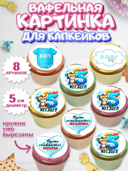 Вафельная картинка для капкейков, День Рождение малыша, звери, животные, зоопарк, мальчику, шарики, арт. PT820870_1