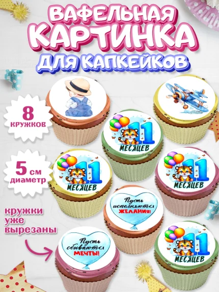 Вафельная картинка для капкейков, День Рождение малыша, звери, животные, зоопарк, мальчику, шарики, арт. PT820877_1