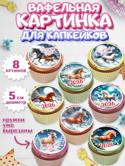 Вафельная картинка для капкейков, Год лошади 2026, Новый год, 2026, лошадь, лошадка, Ёлка, дед Мороз, арт. PT821312_1