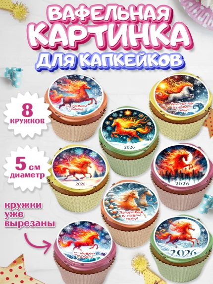 Вафельная картинка для капкейков, Год лошади 2026, Новый год, 2026, лошадь, лошадка, Ёлка, дед Мороз, арт. PT821315_1