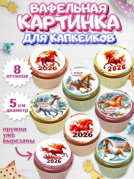 Вафельная картинка для капкейков, Год лошади 2026, Новый год, 2026, лошадь, лошадка, Ёлка, дед Мороз, арт. PT821321_1