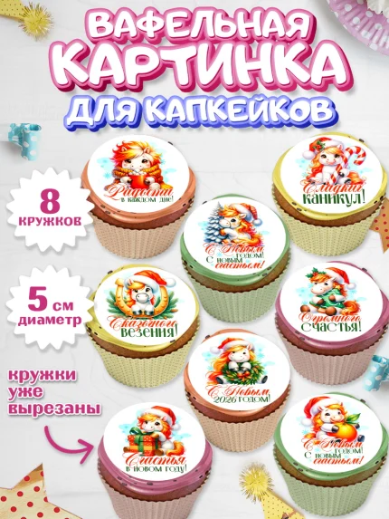 Вафельная картинка для капкейков, Новый год, 2026, лошадь, лошадка, Ёлка, год лошади, арт. PT821442_1
