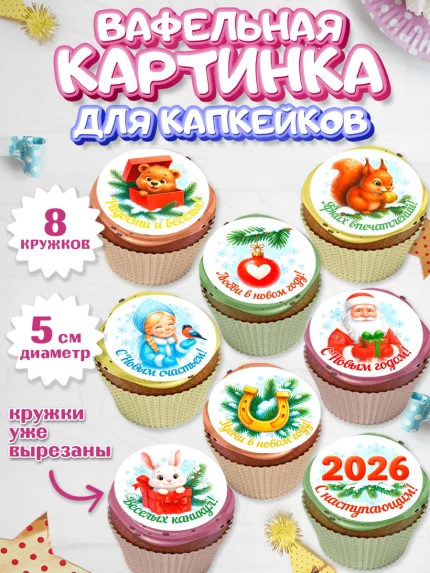 Вафельная картинка для капкейков, Новый год, 2026, лошадь, лошадка, Ёлка, год лошади, арт. PT821467_1