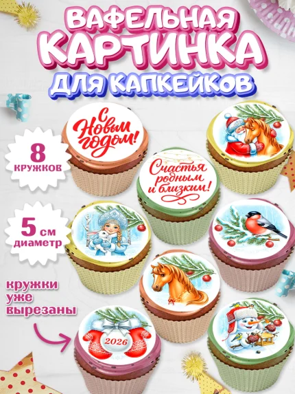 Вафельная картинка для капкейков, Новый Год, 2026, лошадь, лошадка, Ёлка, год лошади, арт. PT821743_2