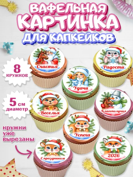Вафельная картинка для капкейков, Новый год, 2026, лошадь, лошадка, Ёлка, год лошади, арт. PT821748_1