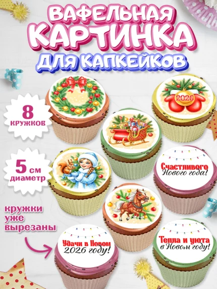 Вафельная картинка для капкейков, Новый Год, 2026, лошадь, лошадка, Ёлка, год лошади, арт. PT821749_2