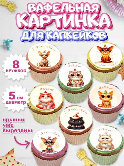 Вафельная картинка для капкейков, Новый год, 2026, лошадь, лошадка, Ёлка, год лошади, арт. PT821917_1