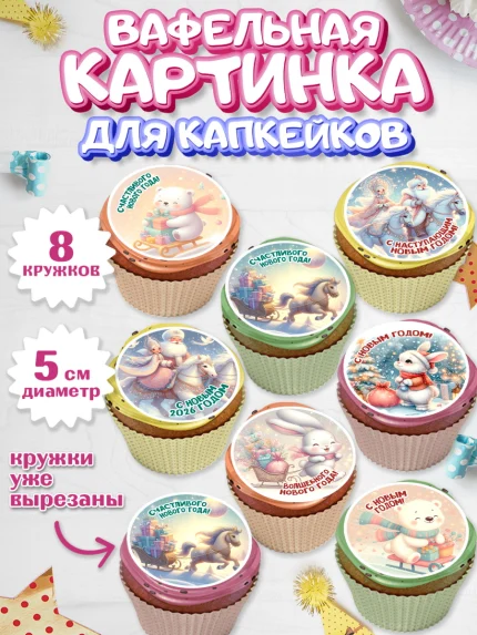Вафельная картинка для капкейков, Новый год, 2026, лошадь, лошадка, Ёлка, год лошади, арт. PT821924_1