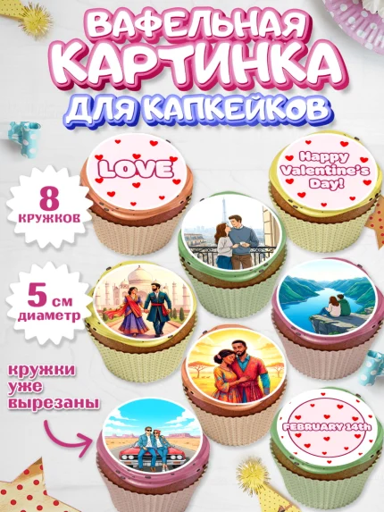 Вафельная картинка для капкейков, День Влюбленных, любовь, пара, сердце, Love, 14 февраля, арт. PT822391_1